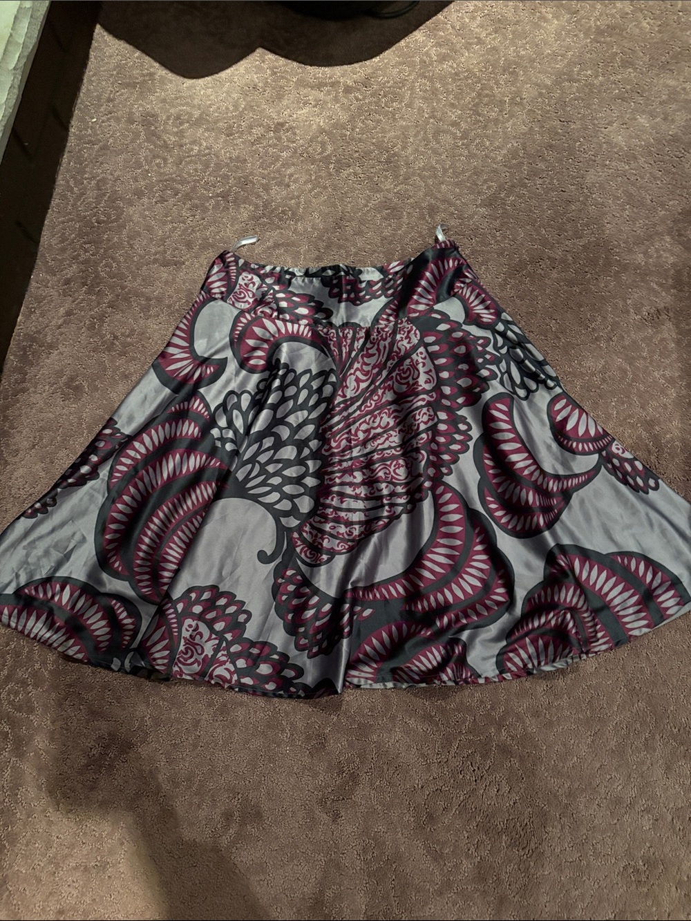 Flared Circle Skirt in Gray and Burgundy Print